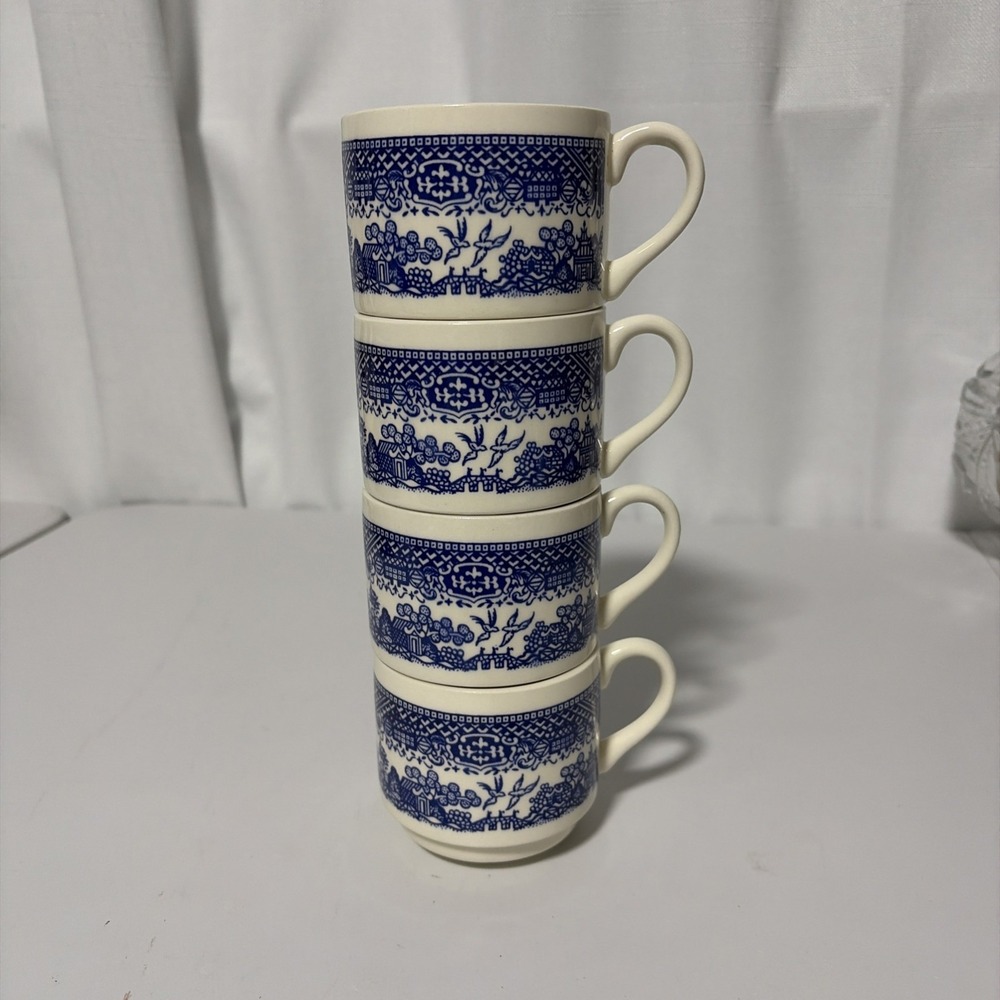 Vintage Blue Willow Stacking Mugs Coffee Cups Scio Pottery USA Set of 4 8oz